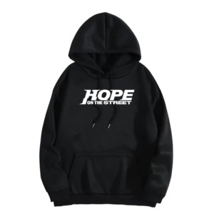 POLERON NEGRO CON GORRO JHOPE HOPE ON THE STREET LETRA BLANCA