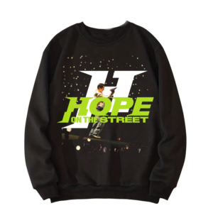 POLERON NEGRO CON GORRO JHOPE HOPE ON THE STREET LETRA VERDE